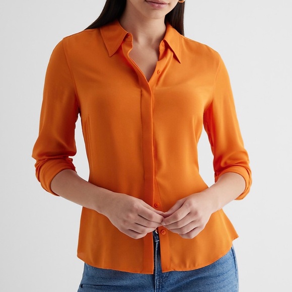 Express Portofino Orange Slim Fit Long Sleeves Top Shirt XS X-Small - Picture 2 of 4